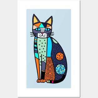 Patchwork Cat Doodle Portrait Posters and Art